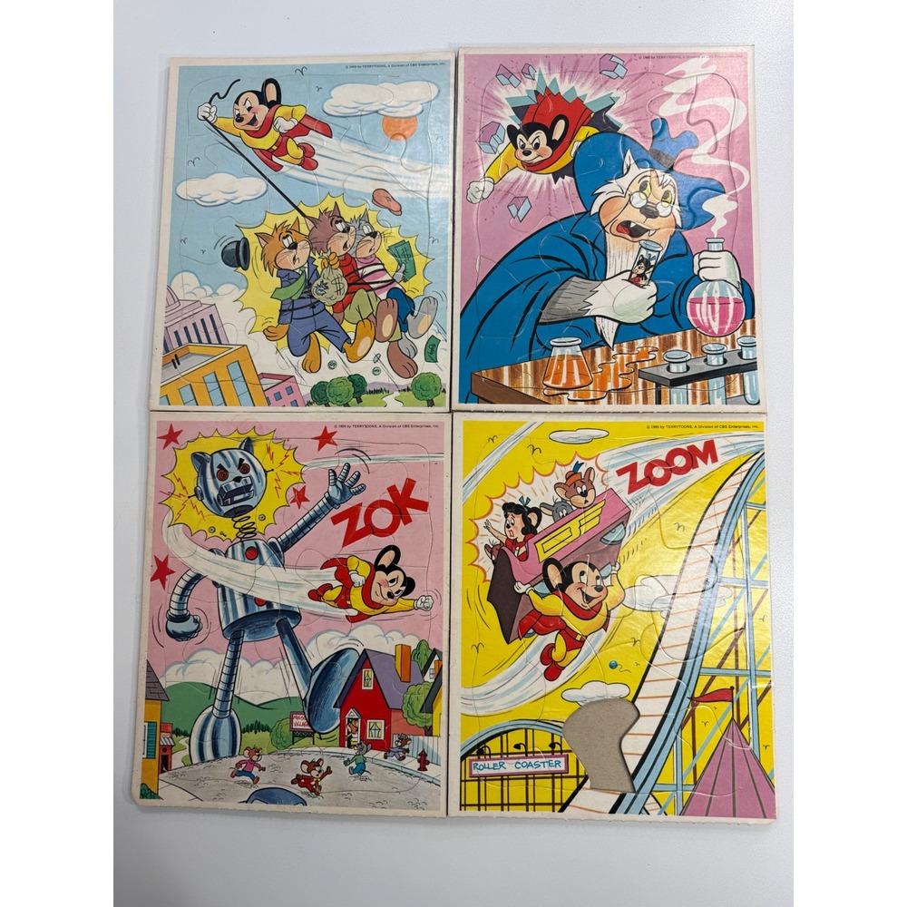 Vintage 1969 Mighty Mouse Frame Tray Puzzles Terrytoons Lot of 4 CBS Enterprises